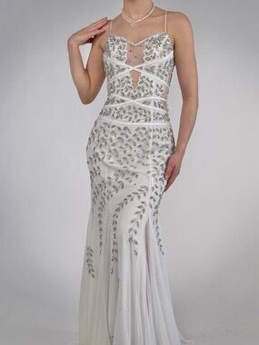 CACHE FORMAL GOWN Vintage 90s/Y2K Mermaid Evening Gown Beaded White/SIL SZ 0 XS